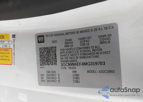 2021 Chevrolet Silverado 1500 2Wd Long Bed Wt z USA, uszkodzony, nr VIN 3GCNWAEF4MG319703